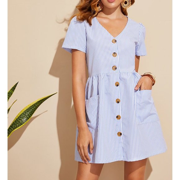 MBM Unlimited Dresses & Skirts - Blue Striped Fit & Flare Button Down Sundress
